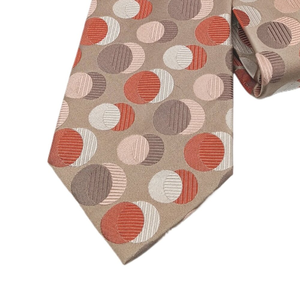 Geoffrey Beene Silk Tie Men’s 60” Coral Gray Taupe Geometric Circle Wide New